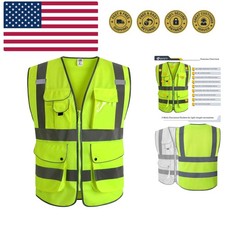 9 Pockets Class 2 High Visibility Zipper Front Safety Vest With Reflective St...