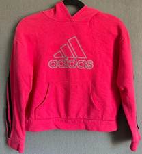 Adidas Youth Girls Crooped Hoodie M (10/12) Pink Logo 3 Stripe Pullover Pockets