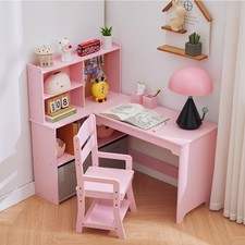 Kids Corner Desk and Chair Set, L Shape Kids Study Table with Bookshelf