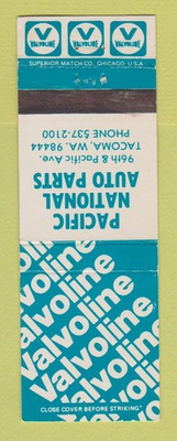#ad #ad Matchbook Cover Valvoline oil Pacific Auto Parts Tacoma WA $4.02