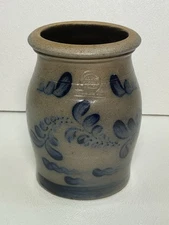VTG ROWE Pottery Cobalt Blue Decorated CROCK / PRESERVE  6 1/2 Inch Dated 1989