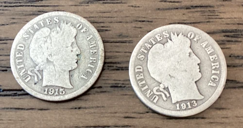 1913-S and 1915-S Barber 10c Silver Dime Lot of 2