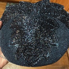 Dark Blue Beaded Vintage Eavning Purse W/ Satin Lining Zip Closure