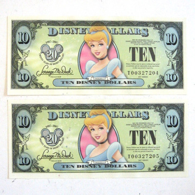 Two Consecutive 2007 Series $10 Cinderella Disney Dollar Bills T Series UNC