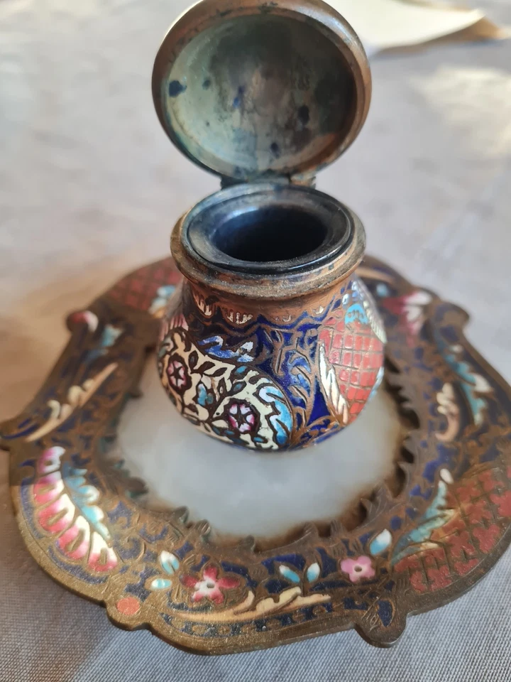 Encrier Bronze Émaillé Sur Onyx Napoléon III - Photo 4/4