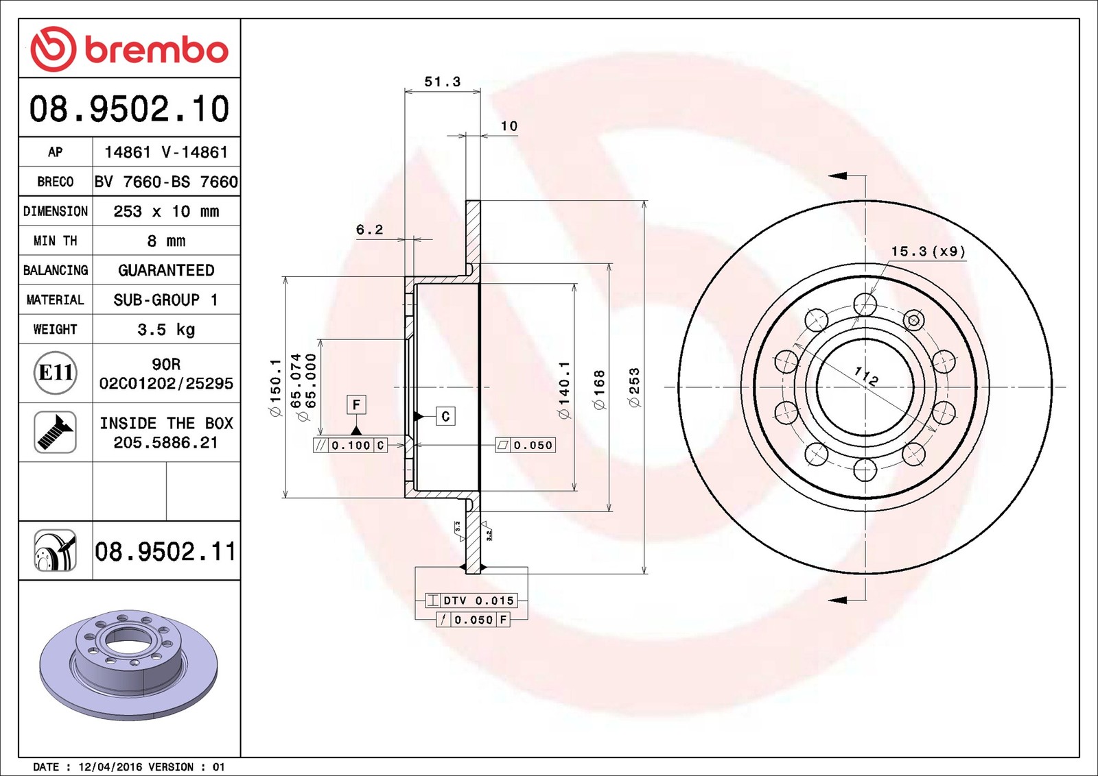 Brembo Bremsscheibe Coated Disc Line 08.9502.11 253Mm 10Mm Für Vw Skoda (Svw) - Bild 9