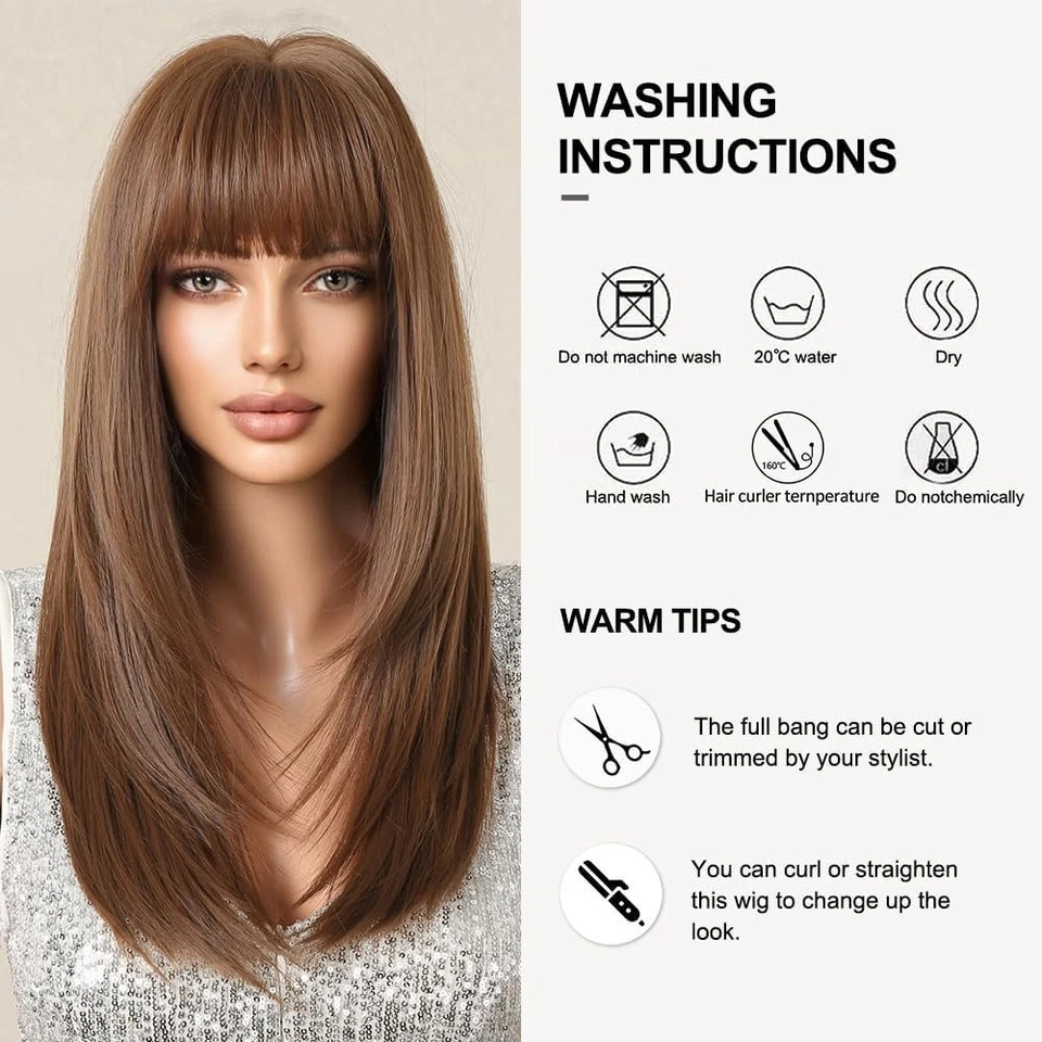 Pelucas de disfraz de cabello sintético granate resistente al calor con flequillo largas rectas Foto 4 de 4