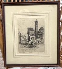 Paul Hammersmith (1857-1937) Belgian Village, 1933, Etching Pencil Signed framed
