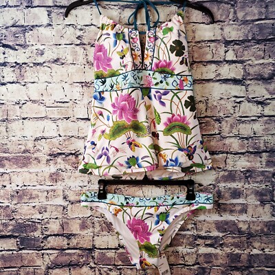 Nanette Lepore Two Piece White Floral Halter Top Swim Suit Size 10