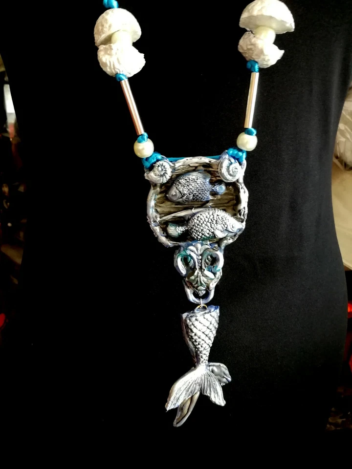 Collar Joyería Fina Hecho por Artista Joyería Art Deco Sirena Cola de Pez Sirena Babero Foto 2 de 4
