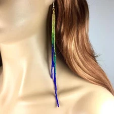 Handcrafted Beaded Green Blue Extra Long Earrings