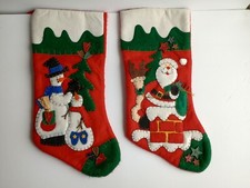 Vintage Felt Christmas Stockings Santa  Snowman 17" Embroidered 3D - Set of 2