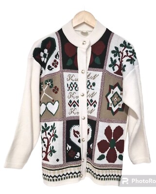 Vintage Basic Collection Xmas Nordic Patchwork Strickjacke M 10 12 14 creme rot grün