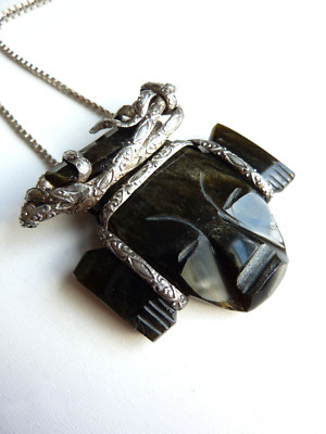 Großer Anhänger Inka Maya Maske Schlange Talisman Edelstein Handarbeit 925Silber