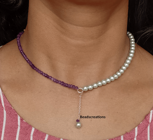 AAA Silver Pearl and Amethyst Beads Beaded Jewelry Silver Chain Necklace - Picture 1 of 4
