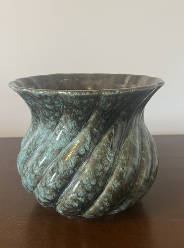 VTG Haeger Art Pottery Green & Teal Splattered Ribbed Swirl 6” Planter Pot USA