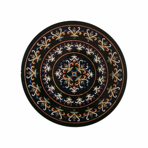 21" black round Marble Coffee Table Top Pietra Dura Inlay lapis Living Room k9 - Picture 1 of 3