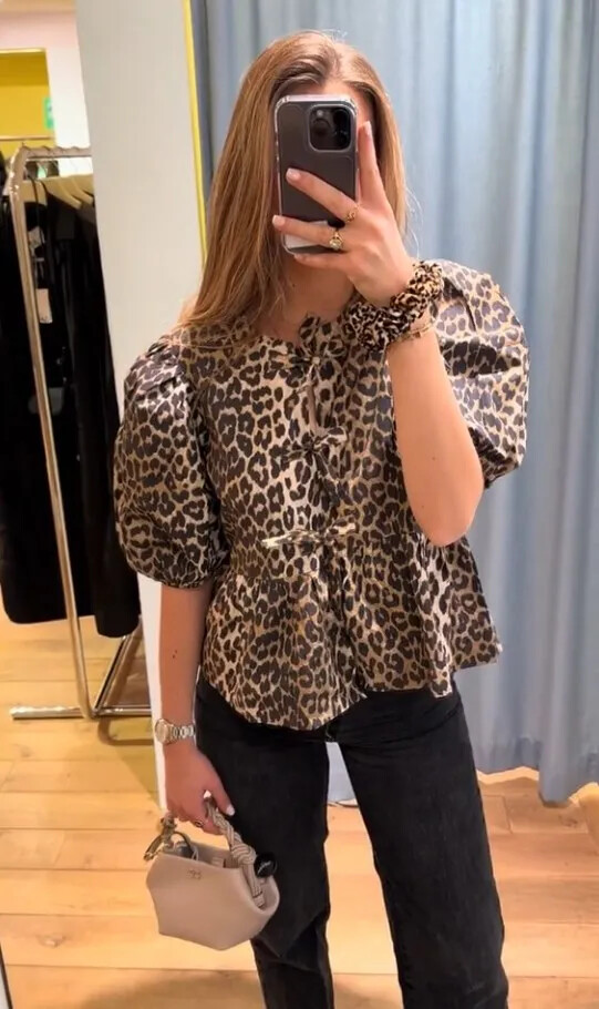 Leopard Print Puff Sleeve Peplum Bow Ties Blouse Short Top | eBay