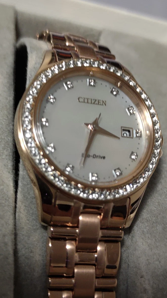 CITIZEN WOMEN S 475 ECO DRIVE SILHOUETTE CRYSTAL BANGLE MOP RG WATCH EW1847 60Y