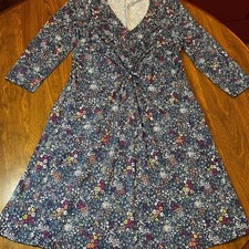 Lands End Floral Womens Twist Waist Dress 3/4 Sleeves Knee Length Large 14-16