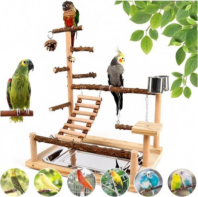 Bird Playground with Feeder Cups, Wooden Parrot Play Stand