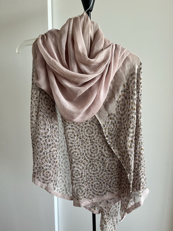 Silky Chiffon Wrap Stole Shawl Scarf Pinkish Beige Floral Olive Border Large 80"