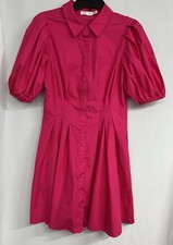 Eliza J Shirt Dress Puff Sleeve Button Up Hot Pink 10 Cotton Flare Pockets