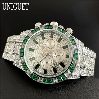 Hot Fashion Green Watches   UNIGUET Luxury Stainless Steel Hip Hop Rainbow Diamo