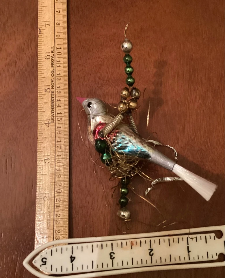 ANTIQUE Mother Bird & Tinsel Nesting Swing Mercury glass spiral beads See Video - Image 3 of 4