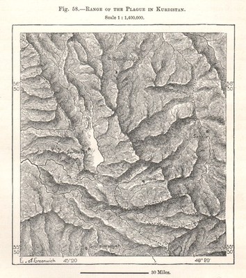 Reichweite der Pest in Kurdistan. Iran. Skizzenkarte 1885 alte antike Karte