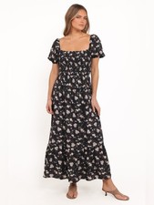 Petal & Pup Cecelia Floral Puff Sleeve Maxi Dress Size Medium Black Pink Smoked