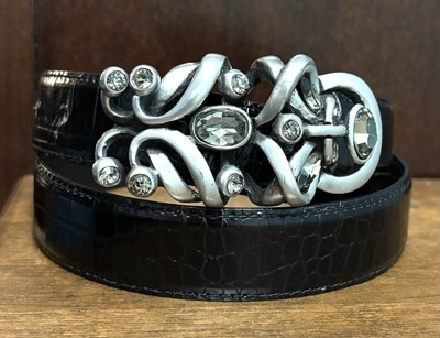 Fahrenheit Connie Bates Black Croc Embossed Belt SzS 1-1/8 Wide Fashion Bkl EUC