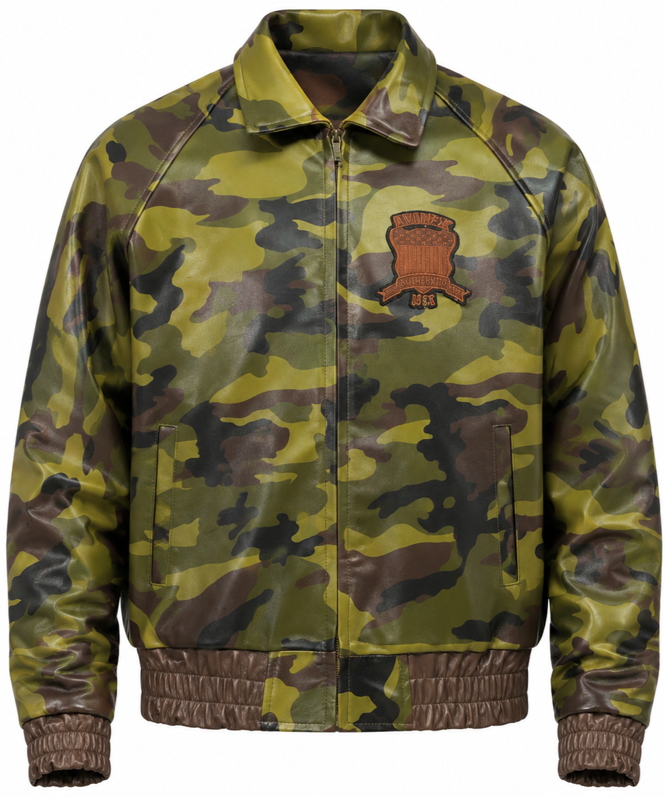 Men’s Avirex USA Camouflage Leather Bomber Jacket Full Zip Military Style Green