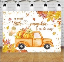 7x5ft Baby Shower Backdrop, Sweet Little Pumpkin, Fall, Autumn Maple Leaf Truck