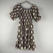 NEW Mille Resort Black Yellow Retro Merida Floral Smocked Mini Dress Size Small