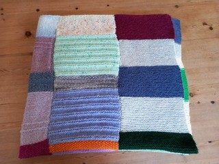 HAND MADE PATCHWORK KNITTED BLANKET APPROX. 105 x 100 CMS EXCELLENT COND.