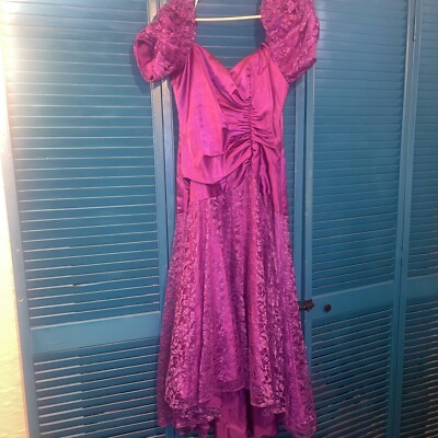 Vintage Purple Union Made Prom Gown Puffed Sleeves Lace Size 7/8 Great Look  USA