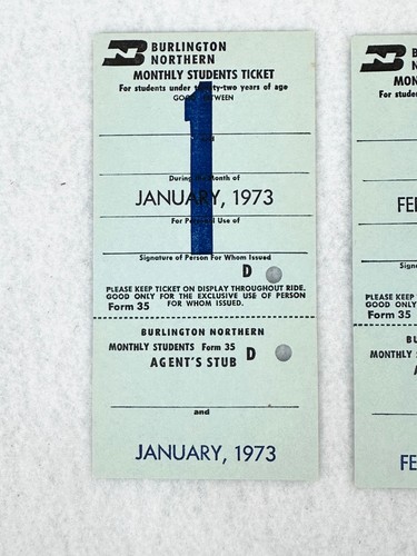2 1973 VINTAGE BURLINGTON NORTHERN MONTHLY STUDENTS TICKET - JANUARY / FEBRUARY - Picture 2 of 4
