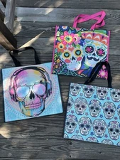 THREE (3) FUN Large Shopping Tote Bags SKULL 💀 BAGS Reusable Eco Friendly 👻