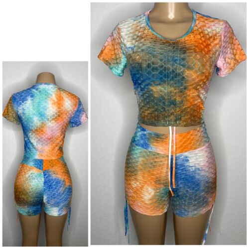 New 2 Piece Tie Dye Women Set Size L Gym Ruched Short Leggings and Crop Top