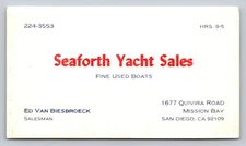 Vintage Business Card Seaforth Yacht Sales San Diego CA Biesbroeck