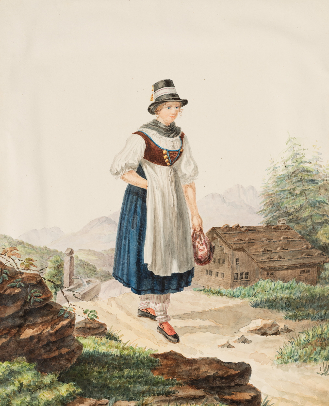 Trajes tradicionales tiroleses, acuarela románticos trajes desconocidos (siglo XIX)