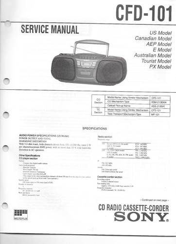  MANUEL D'ENTRETIEN VINTAGE SONY CFD-101 CD CASSETTE BOOMBOX  - Photo 1/1