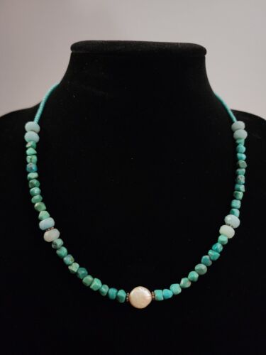 Vintage Silver Tone Turquoise Smooth Bead Choker Necklace 17” String Strung - Picture 1 of 2
