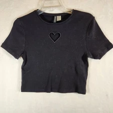 Divided H&M Black Short Sleeve Shirt Medium Ribbed Crop Heart Cutout Cute 