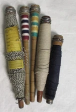 Lot of 5 Vintage Wood Industrial Textiles Bobbins Quills Spools with Thread