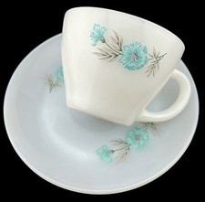 Vintage Fire King Coffee Tea Cup  Saucer Set Bonnie Blue Carnation Flower