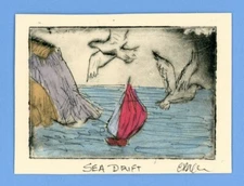 SAILBOAT SEAGULLS OCEAN SCENE Original WATERCOLOR ETCHING Signed Limited-Edition