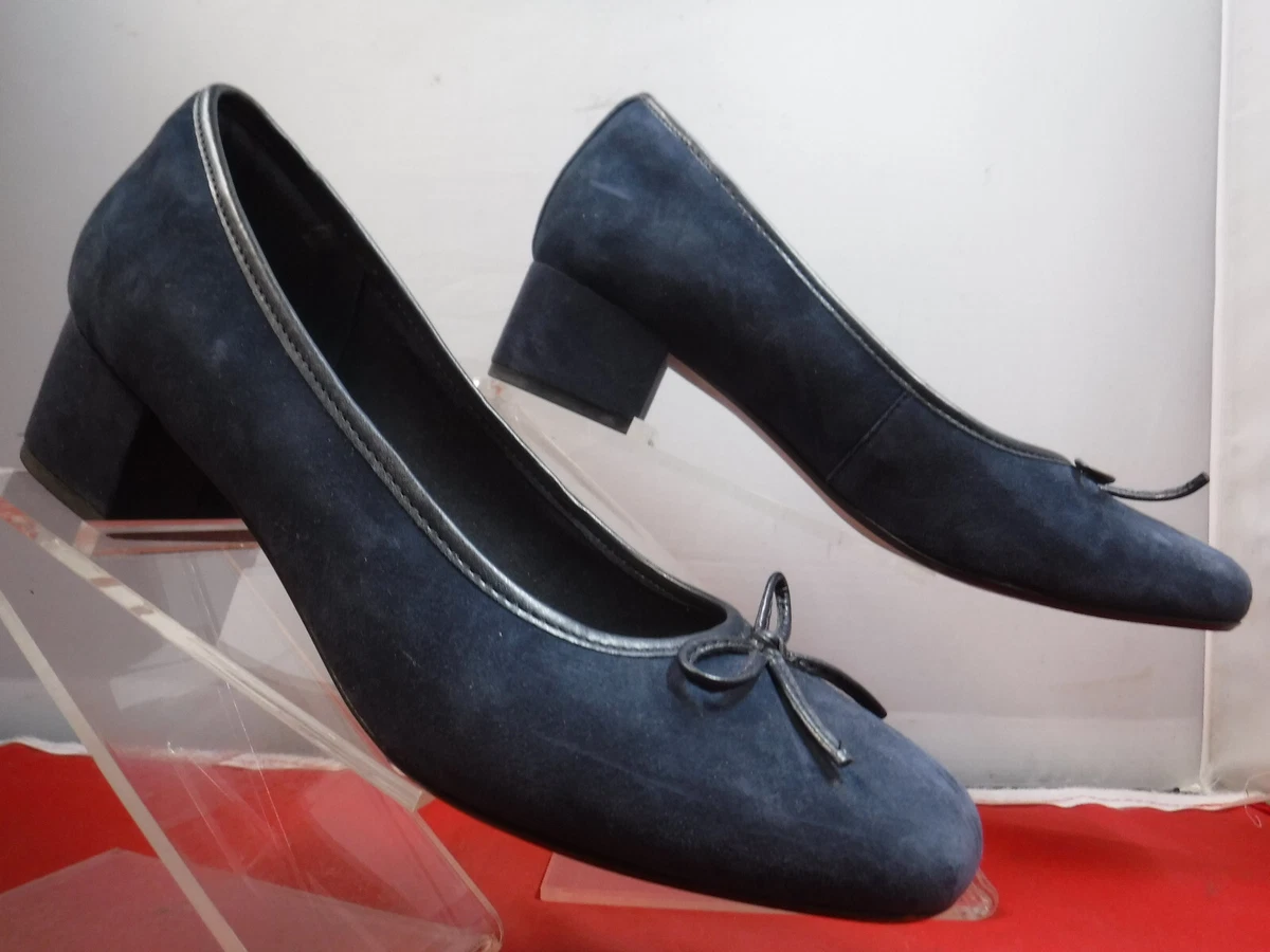 PFR Women s Clarks Cushion Navy Blue Bow Accent Block Chunky Heel