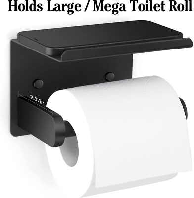 Matte Black Toilet Paper Holder With Phone Shelf – Heavy-Duty Carbon Steel, Rustproof, Fits Mega Rolls, Anti-Slip Phone Dock, 2-Wall Mount Options (Screws Or Adhesive)